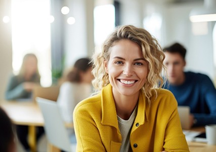 Woman in yellow jacket smiling while working at office